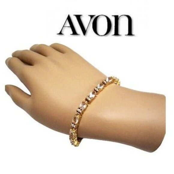 Avon White Sapphire Crystal Bracelet Gold Tone Ribs Links - Picture 1 of 5